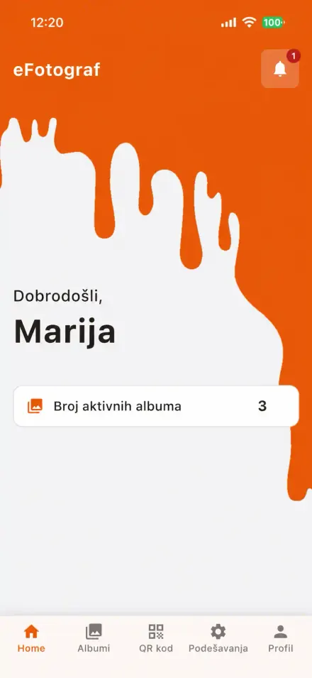Početni ekran aplikacije eFotograf sa brojem aktivnih albuma