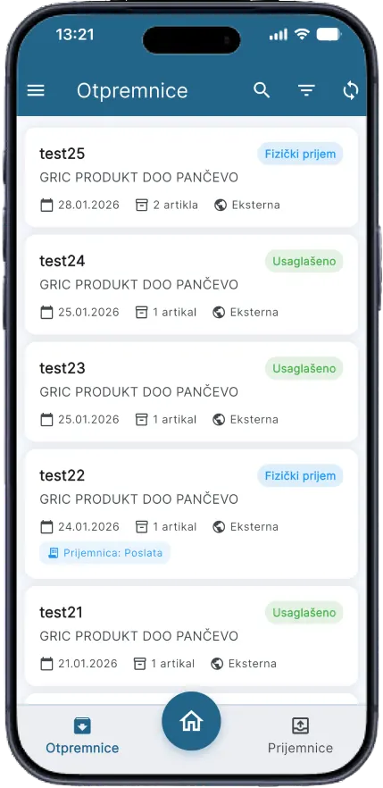 Lista otpremnica u aplikaciji ePrijemnica, sa statusima Usaglašeno i Fizički prijem