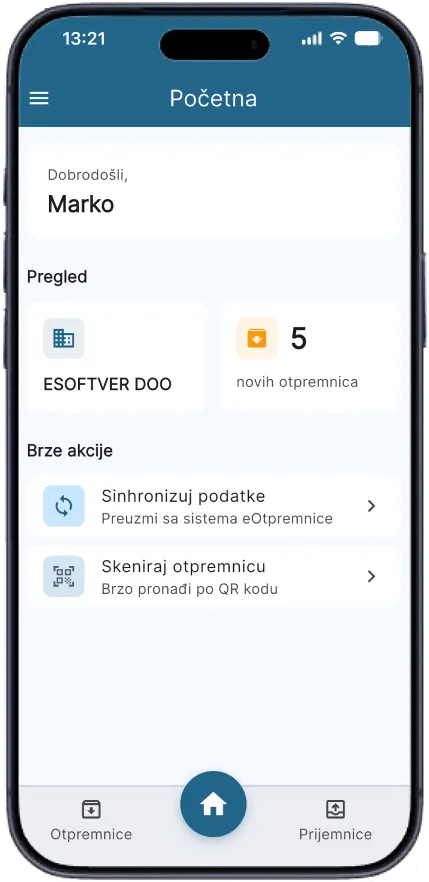 Početni ekran aplikacije ePrijemnica, sa brojem novih otpremnica i brzim akcijama
